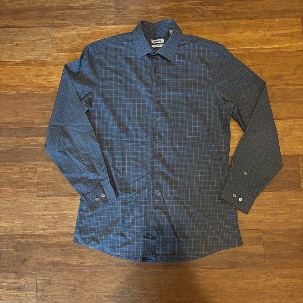 DKNY Men’s Gray Plaid Button Down Dress Shirt 16 34/35 Slim Fit Cotton